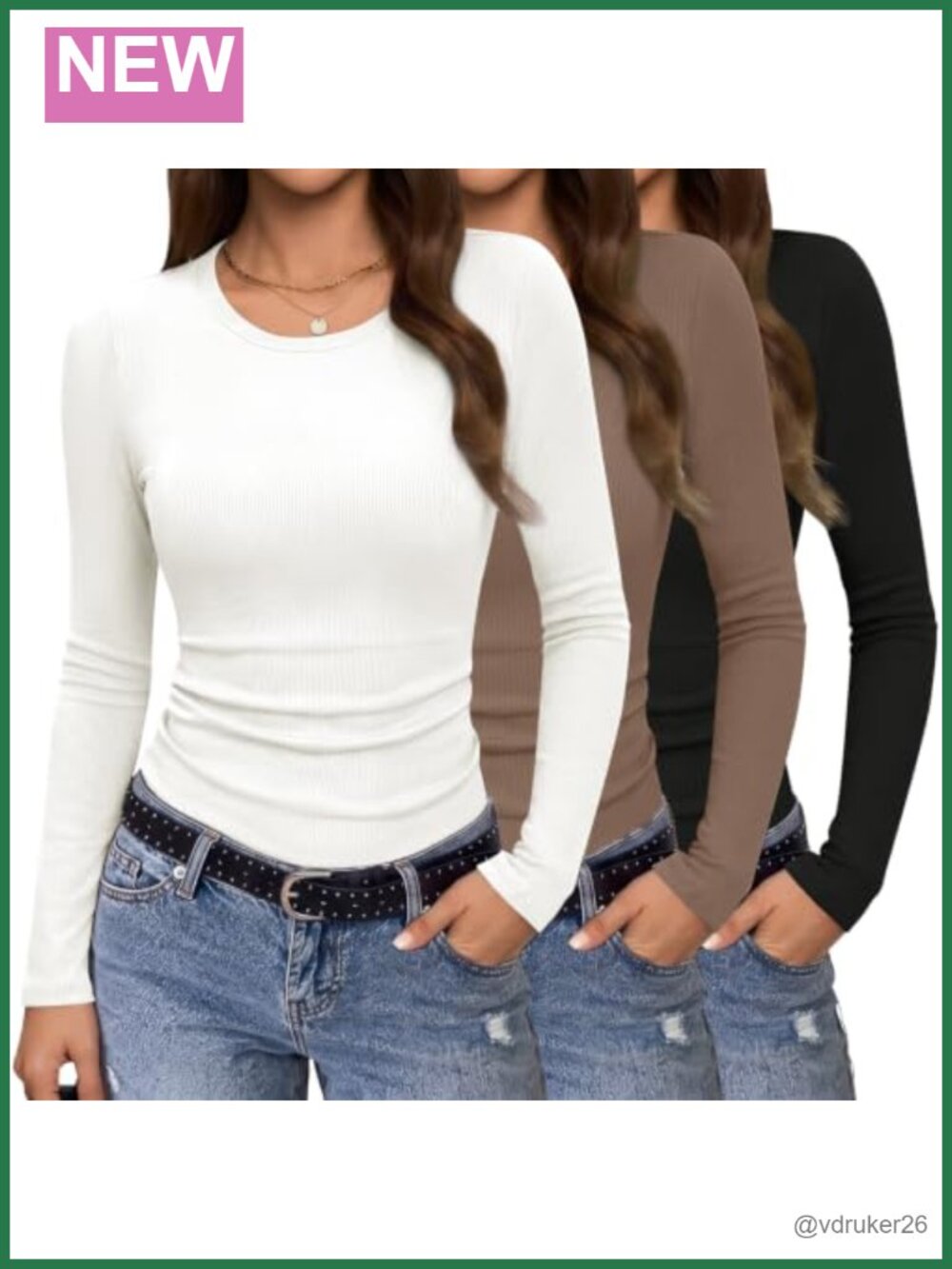 3 Pack Women's Long Sleeve Ribbed Crew Neck Slim Fit Layering T-Shirts